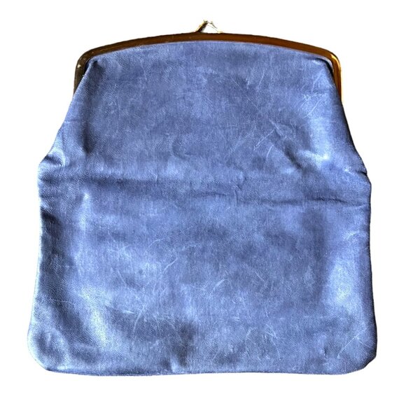 Vtg 1950s Budd Leather Blue Foldover Clutch w/Kiss Clasp & Attached Change Purse - Picture 3 of 10